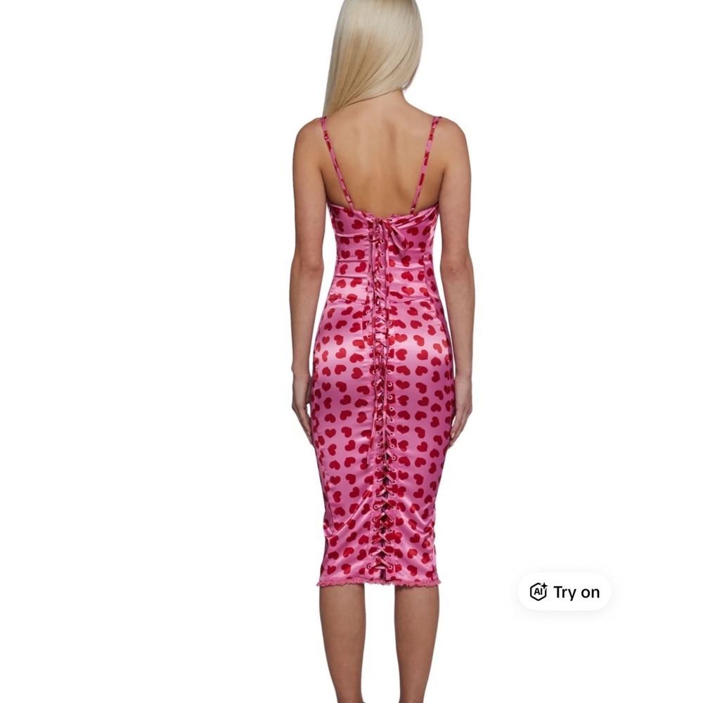 Sugar Thrillz Pink Heart Print Satin Midi Dress XXL Lace Up Corset Back - Picture 10 of 11